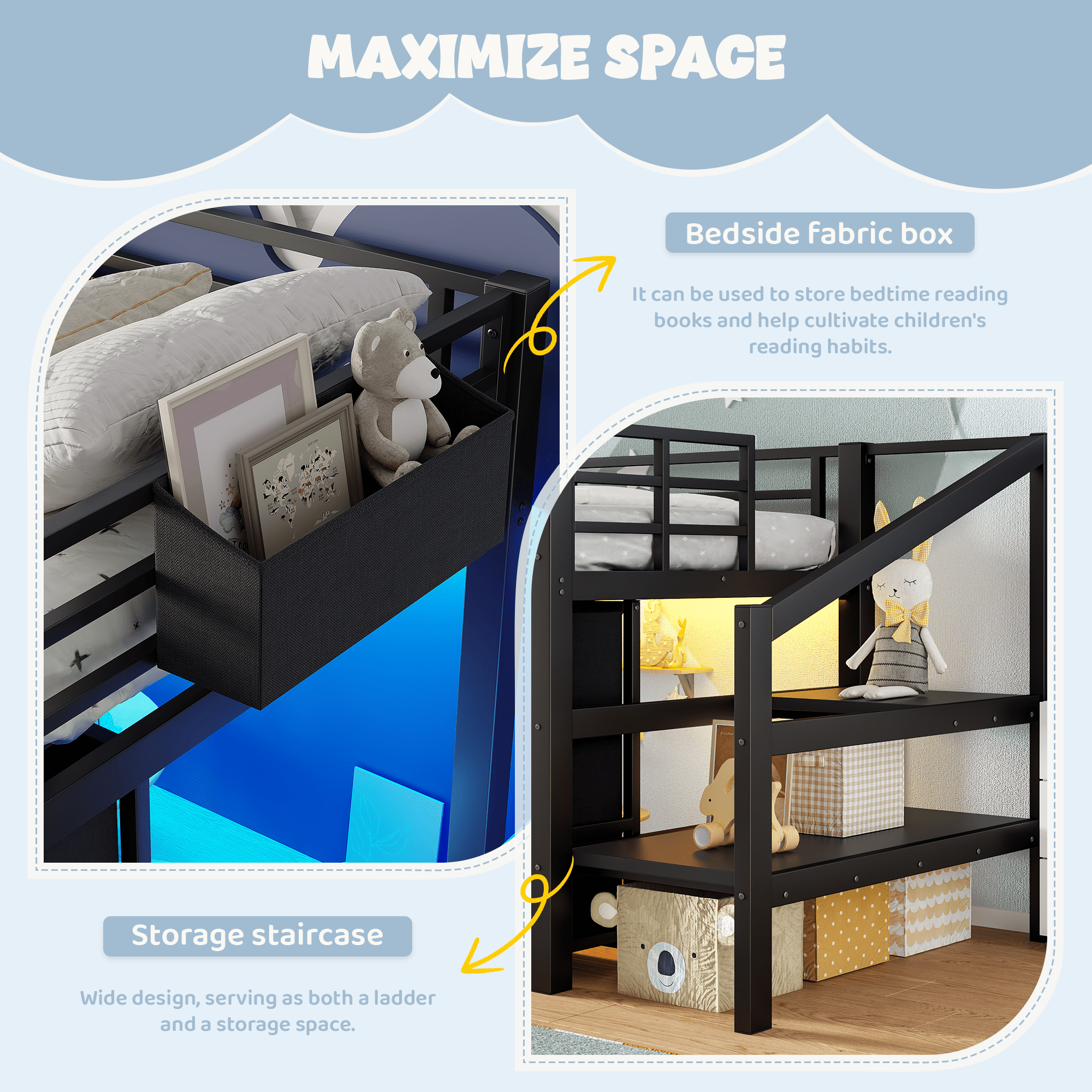 Leumius Twin Size Loft Bed with Storage Drawers and Stairs,Metal Loft Bed with Lights and Ample Under-bed Spaces,Multi-Storage Spaces,Black