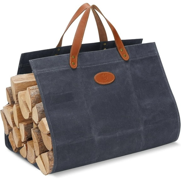 Firewood Carrier Waxed Canvas with Leather Handles, Wood Carrier for Firewood, 38x17.7 Inch Heavy Duty Firewood Storage Tote, Fireplace Log Carrier Indoor Bag, Wood Stove Accessories. Blue