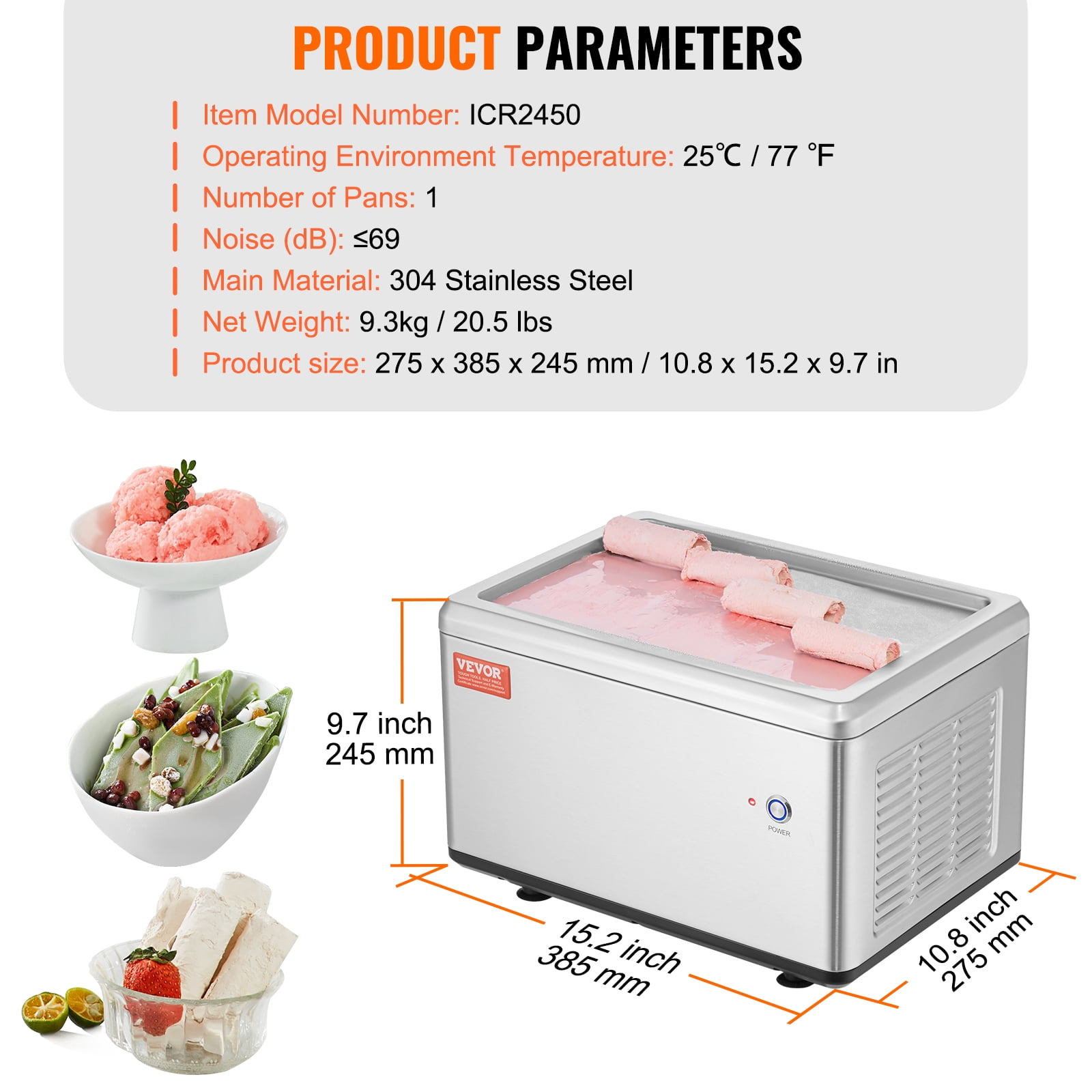 VEVOR Fried Ice Cream Roll Machine, 12.6" x 8.5" Stir-Fried Ice Cream Pan, Stainless Steel Rolled Ice Cream Maker with Compressor and 2 Scrapers, for Making Ice Cream,Frozen Yogurt,Ice Cream Rolls