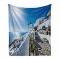thumbnail image 1 of Summer Soft Flannel Fleece Throw Blanket, Oia Village in Santorini Island Greece with Aegean Sea Scenery Image, Cozy Plush for Indoor and Outdoor Use, 70" x 90", Blue and White, by Ambesonne, 1 of 6
