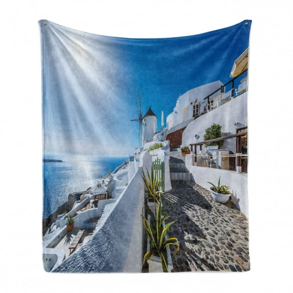 Summer Soft Flannel Fleece Throw Blanket, Oia Village in Santorini Island Greece with Aegean Sea Scenery Image, Cozy Plush for Indoor and Outdoor Use, 70" x 90", Blue and White, by Ambesonne