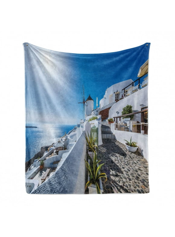 Summer Soft Flannel Fleece Throw Blanket, Oia Village in Santorini Island Greece with Aegean Sea Scenery Image, Cozy Plush for Indoor and Outdoor Use, 50" x 70", Blue and White, by Ambesonne
