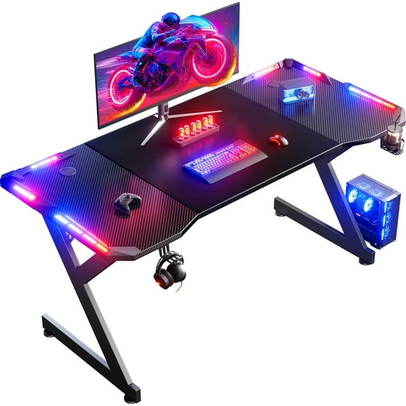 63 INCH Gaming Desk with LED Lights, Home Office Gamer Desk, Ergonomic Computer Table with Large Carbon Fiber Desktop, Office Workstation with Mouse Pad, Cup Holder & Headphone Hook, Black