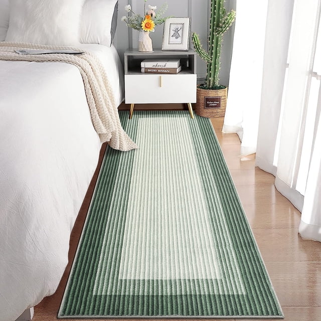 Hasoo Washable 2' x 6' Runner Rug for Hallways Non Slip Entryway Mats Bordered Textured Neutral Accent Carpet Green
