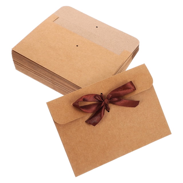 HAMPPLIES 50Pcs Vintage Style Kraft Paper Envelopes with Ribbon Bow Coffee for Special Occasions