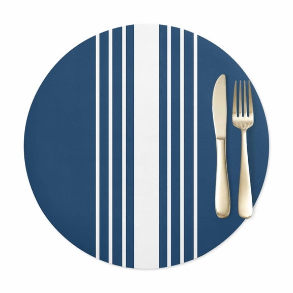 Round Placemats Set of 1, Summer Navy Blue Stripe Faux Leather Placemat Waterproof Oil-Proof Wipeable Table Mats 12in, Ocean Style Washable Place Mats for Kitchen Dining Table Party Outdoor
