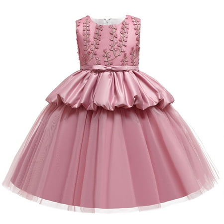 

TAGOLD Toddler Girls Solid Color Leaf Embroidery Net Yarn Bowknot Birthday Party Flowers Gown Kids Dresses Pink 6-7 Years