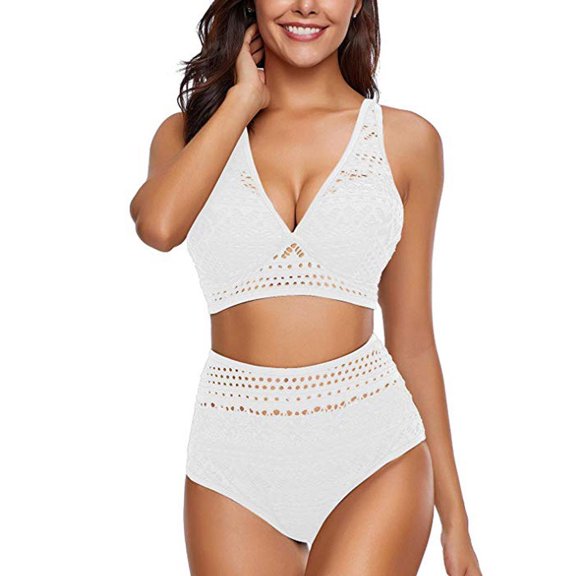 Aoochasliy Bikinis for Women Clothes Women's Two Pieces Crochet Soft High Waist V Neck Bikini Set Swimsuit for Home Casual Work Play