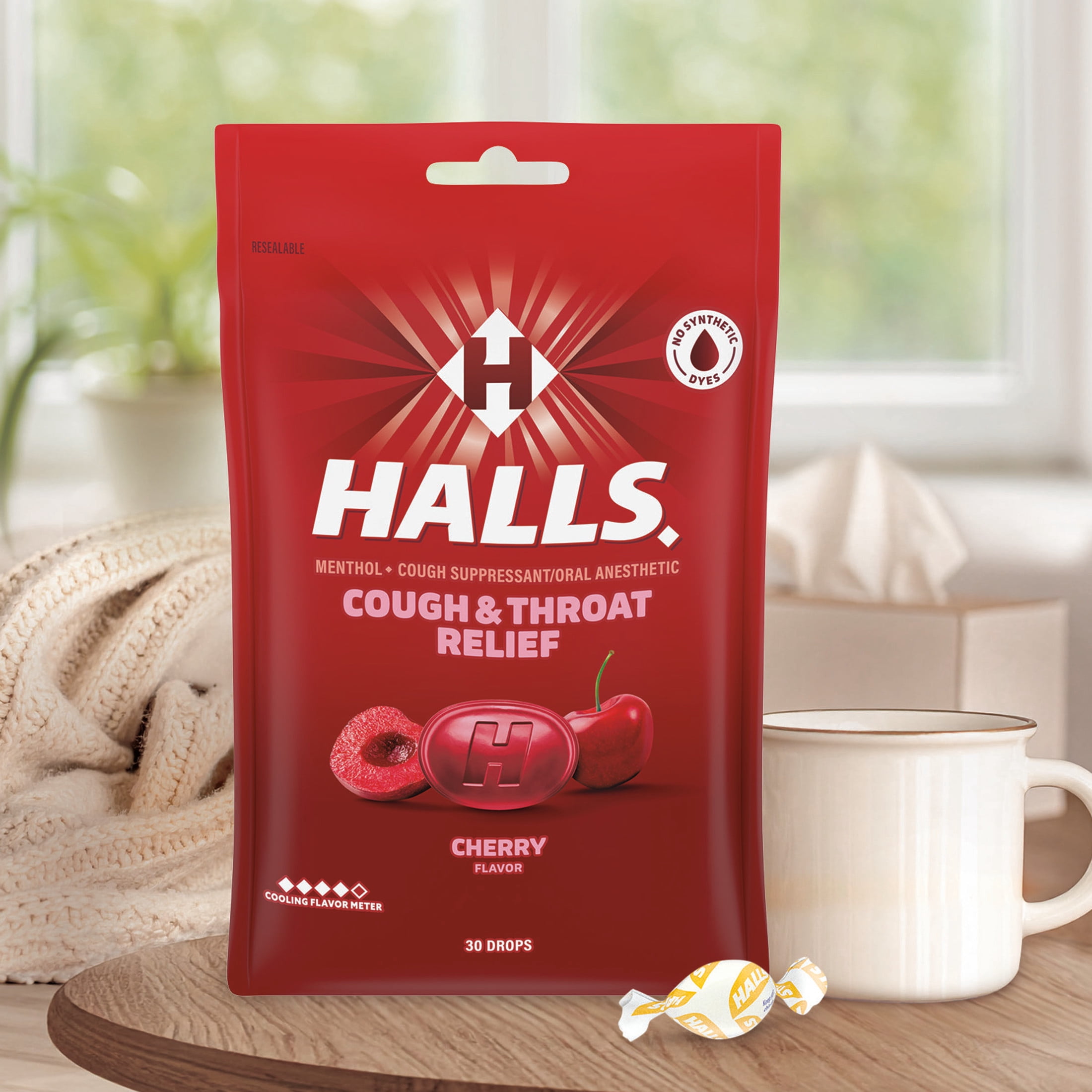 HALLS Cough and Throat Relief Cherry Cough Drops, No Synthetic Dyes, FSA/HSA Eligible, 30 Drops