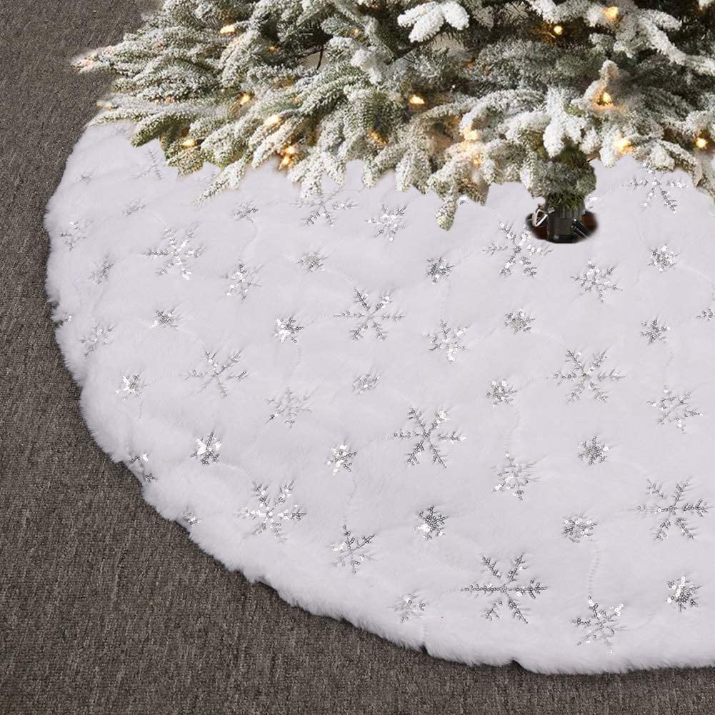 48 Inch Large Christmas Tree Skirt White Tree Skirt Xmas Faux Fur Snowflake 