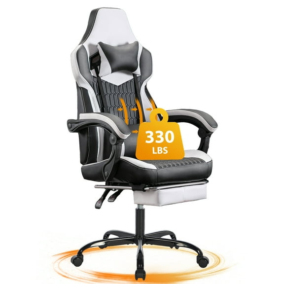JONPONY Gaming Chair with Footrest, High Back Gaming Chairs PVC Leather Ergonomic Office Gamer Chair Headrest Lumbar Support Racing Style Video Gaming Chair Black White