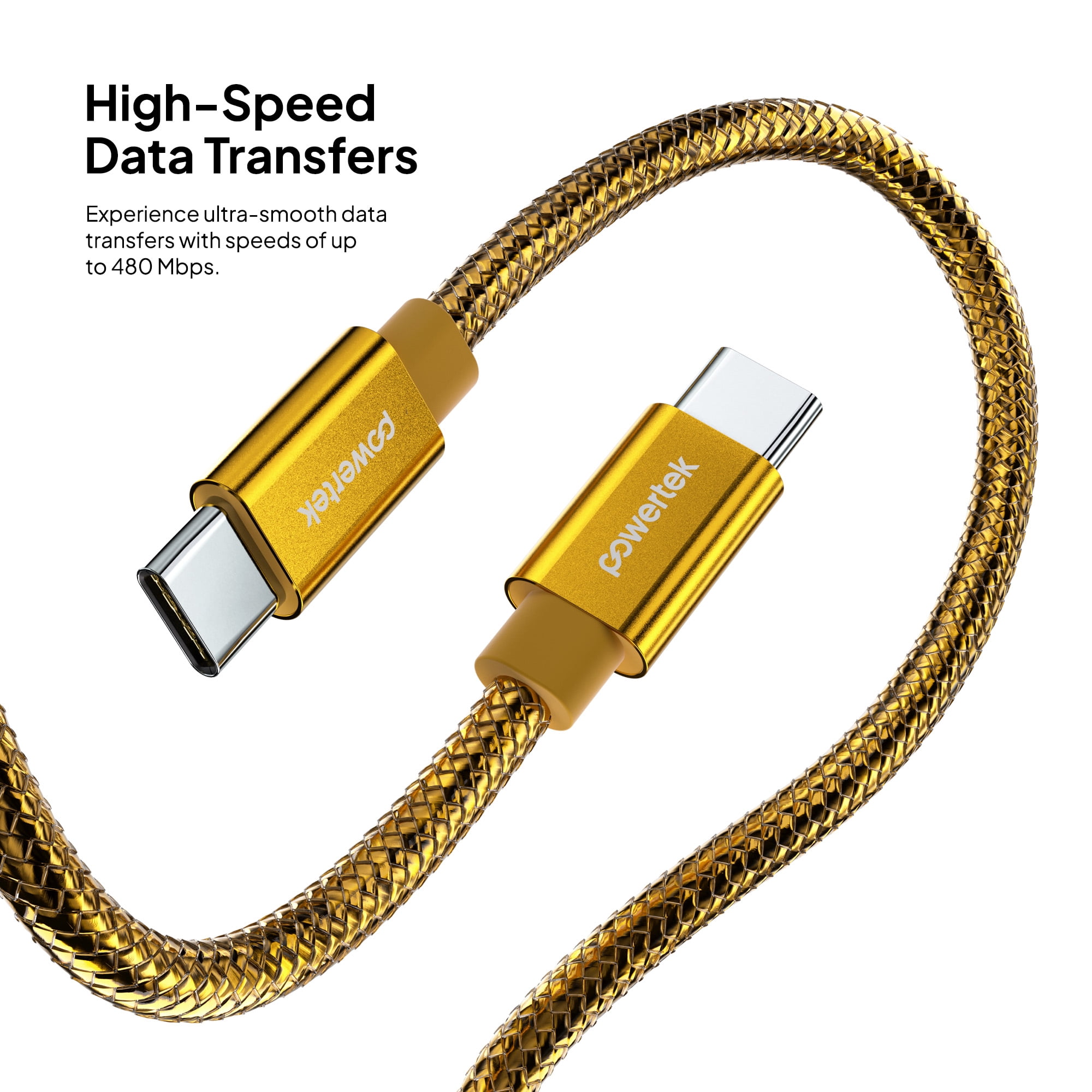 Powertek Luxe 6ft USB-C to USB-C Cable, Gold, Fast Charge & Sync, Metallic Mesh PVC Jacket, Durable Tangle-Free Design