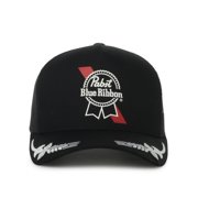 Pabst Blue Ribbon Logo Structured Trucker Hat, Black, Hops-Print Visor, Adjustable Snapback