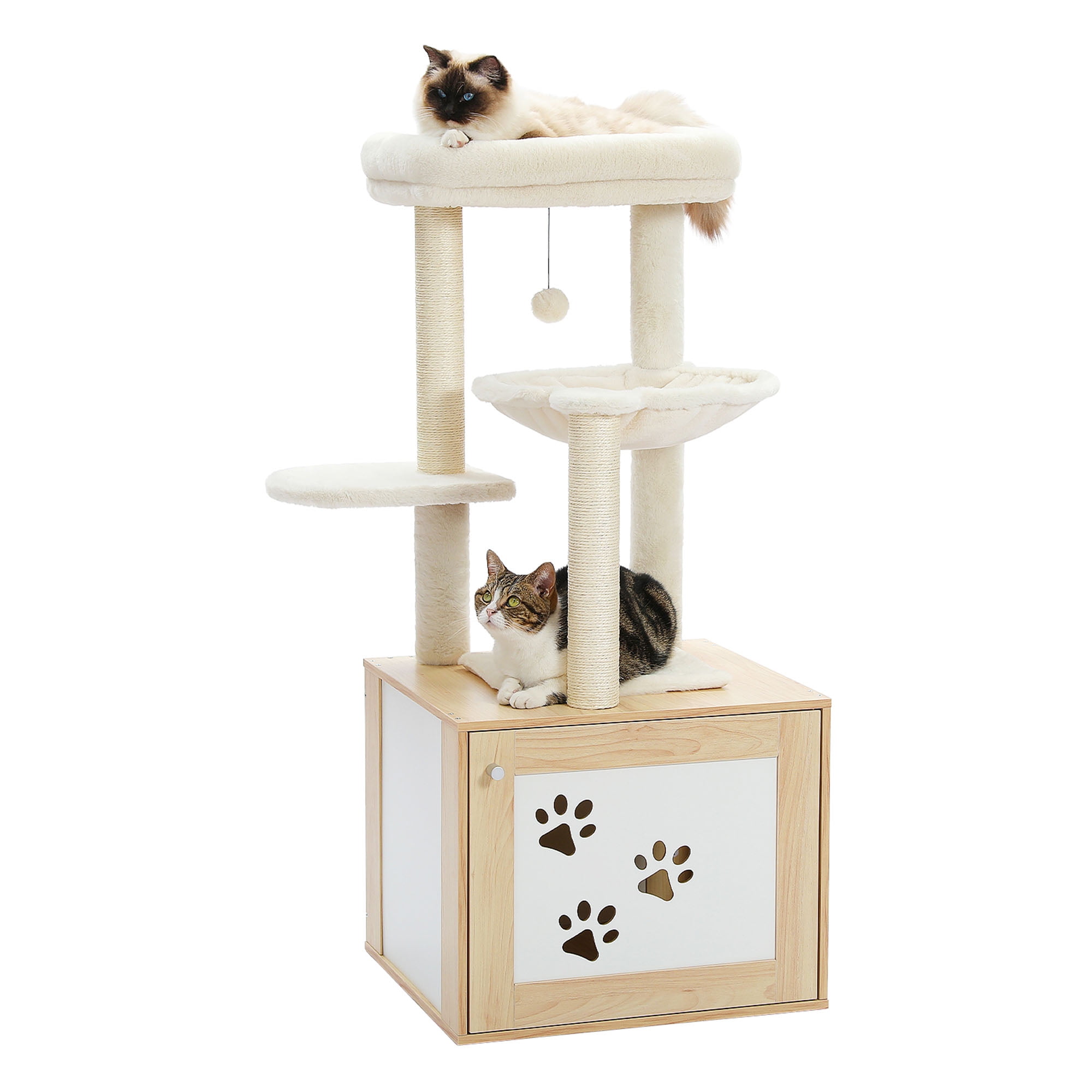 Pefilos 46" Wood Cat Tree Tower with Litter Box Enclosure, Cat Condo, Hammock, Cat Scratching Posts, Removable Top Perch, Beige Pefilos 46" Wood Cat Tree Tower with Litter Box Enclosure, Cat Condo, Hammock, Cat Scratching Posts, Removable Top Perch, Beige