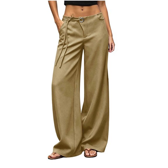 Edvintorg Pants for Women Trendy Low-Rise Casual Loose Wide Leg Cotton Trouser with Pockets Womens Clothes Khaki XXL