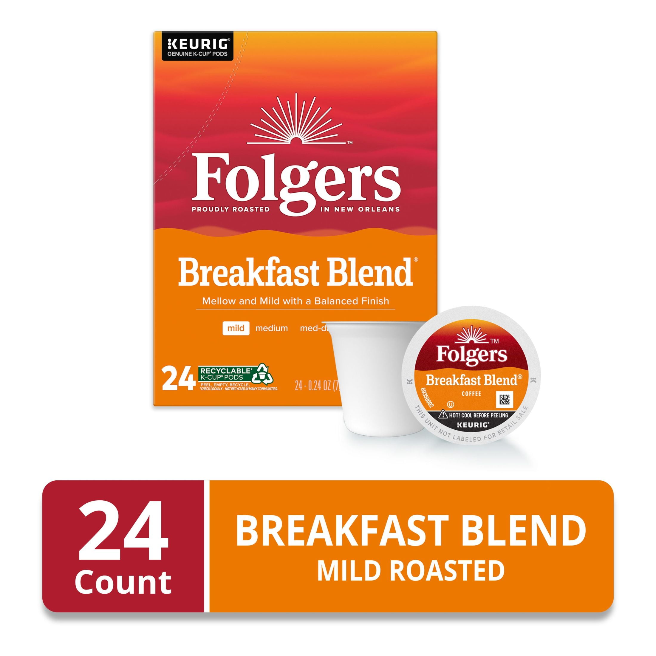 (4 pack) Folgers Breakfast Blend, Mild Roast Coffee, Keurig K Cup Pods, 24 Count Box