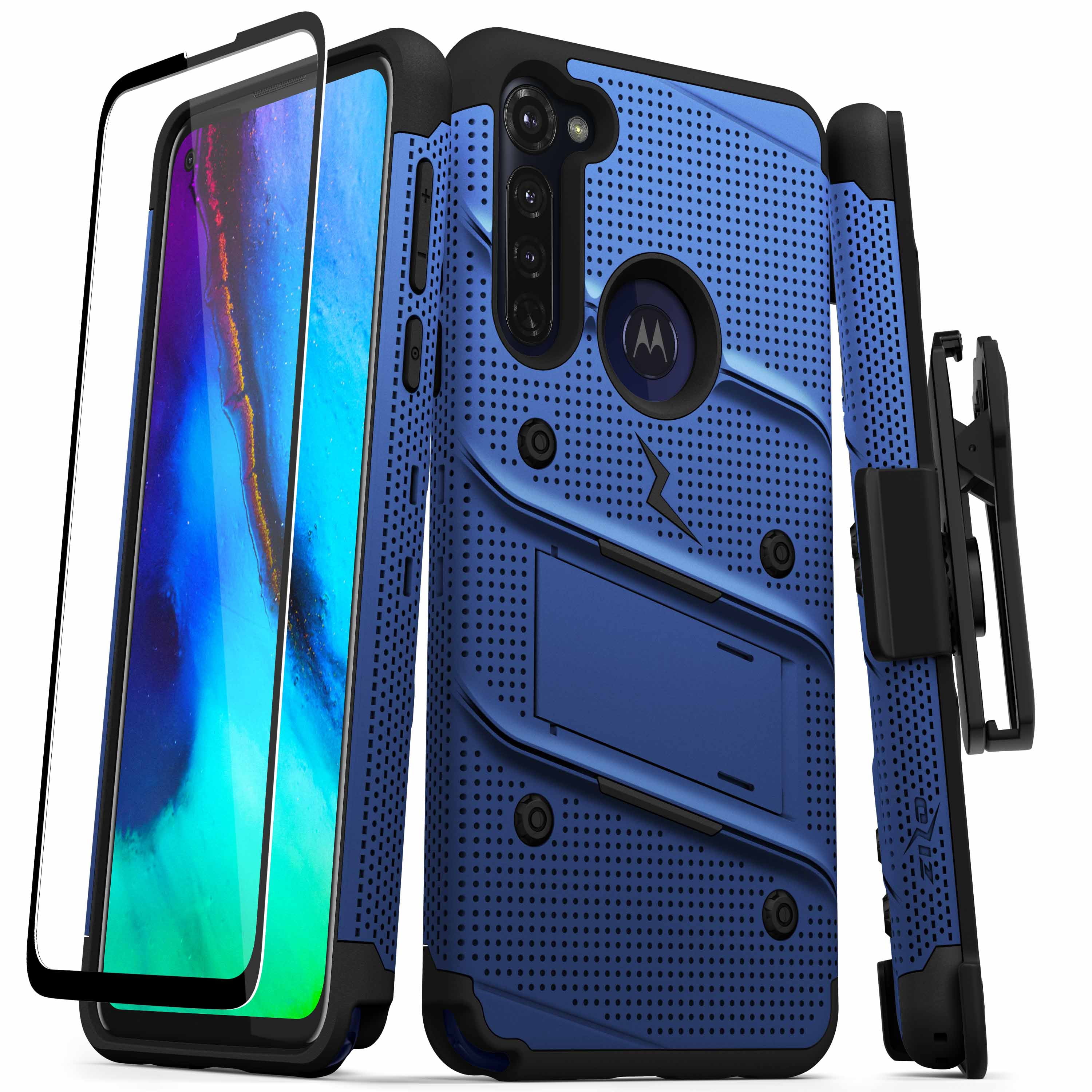 Zizo Bolt Series for Moto G Stylus (2020) Case with Screen Protector Kickstand Holster Lanyard - Blue & Black