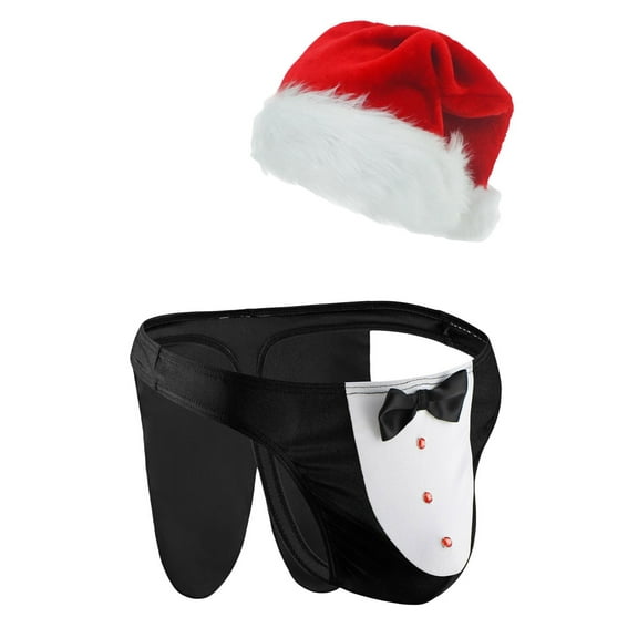 Ausing Mens Lingerie Briefs Funny Tuxedo Roleplay Panties Christmas Underwear Underpants with Hat 2 Piece Black S/M