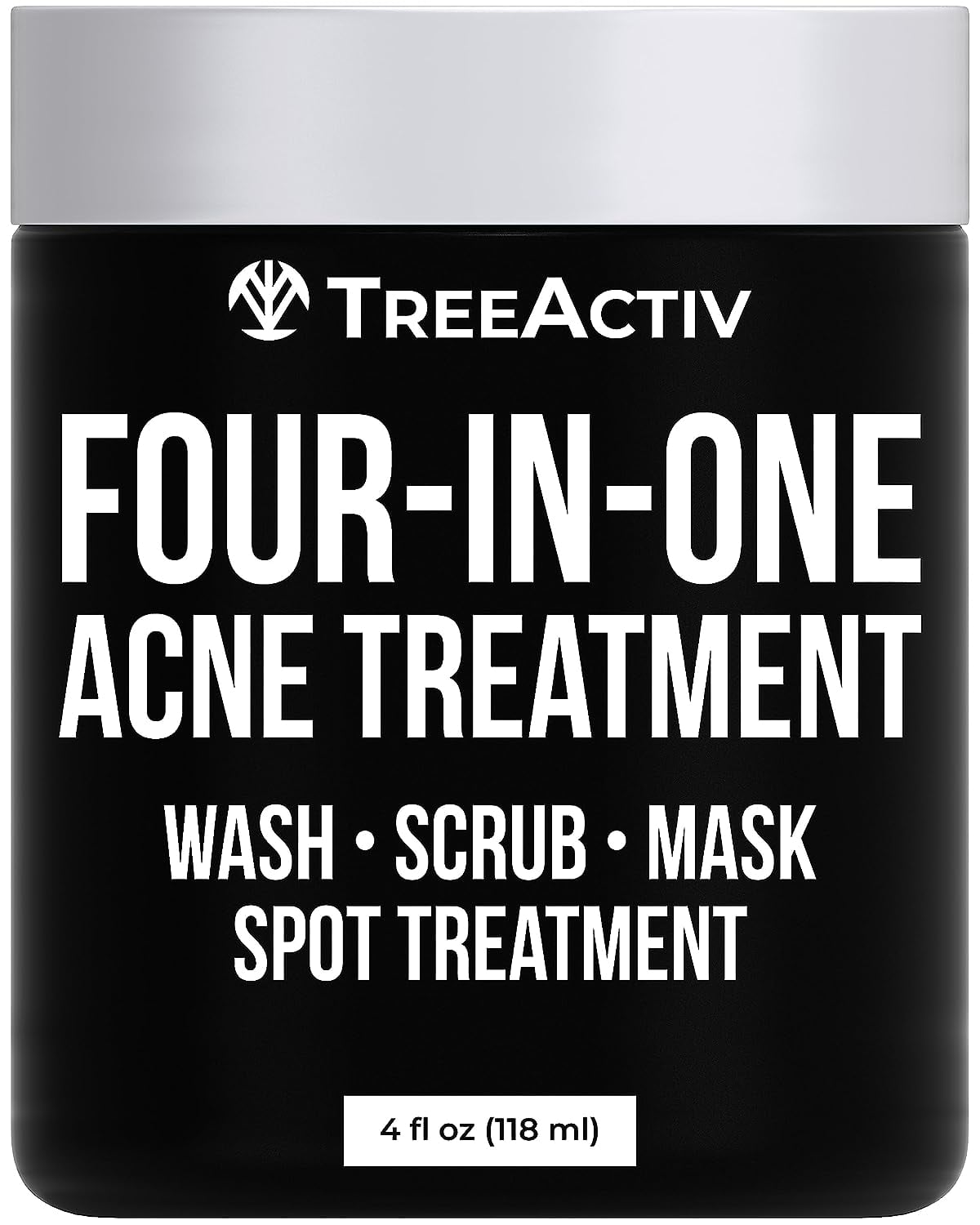 TreeActiv Four-in-One Acne Treatment, Wash, Scrub, Mask, and Spot Treatment, Heals Rosacea, Exfoliating Sugar, Face or Body, Natural Sulfur Clear Skin Cleanser, Bentonite (8 Oz)