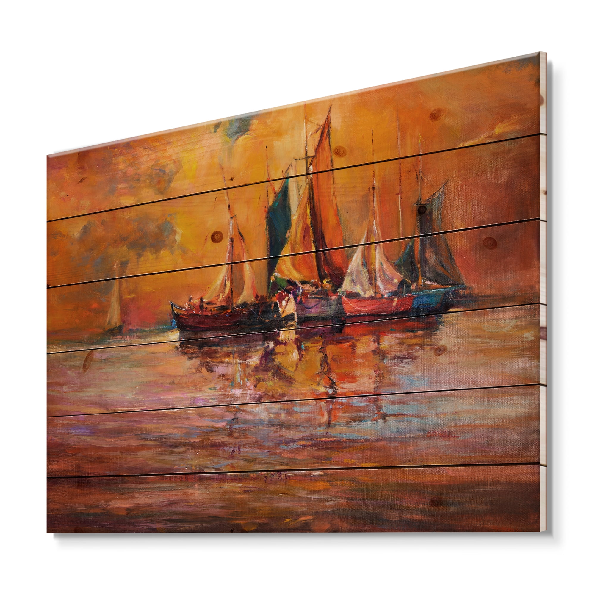 Designart 'Boats During Evening Sunset In The Ocean I' Nautical & Coastal Print on Natural Pine Wood