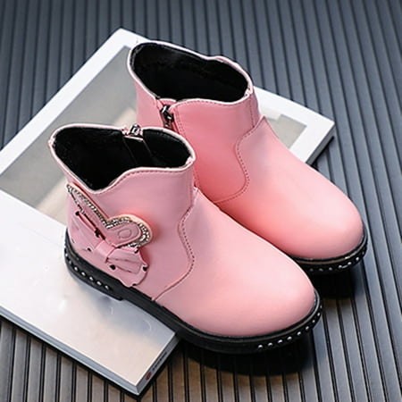 

HAXMNOU Fashion Autumn Winter Girls Boots Low Heel Flat Bottom Non Slip Rhinestone Bowknot Solid Side Zipper Comfortable Pink