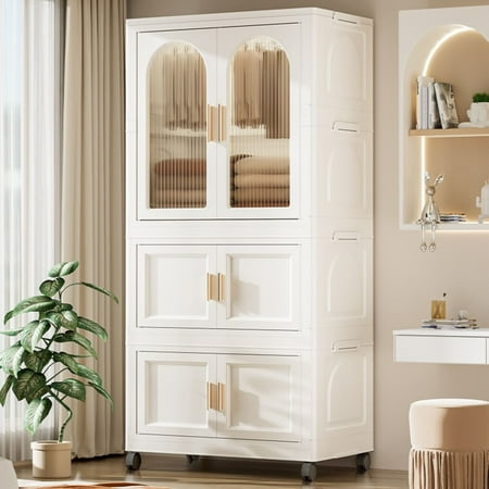 25.59" Side Wide Folding Wardrobe , 25.59"×15.75"×57.09", with Magnetic Door, Plastic Storage Cabinet with Wheels( one layer of wardrobe + two layers of folding boxes+10 hangers )