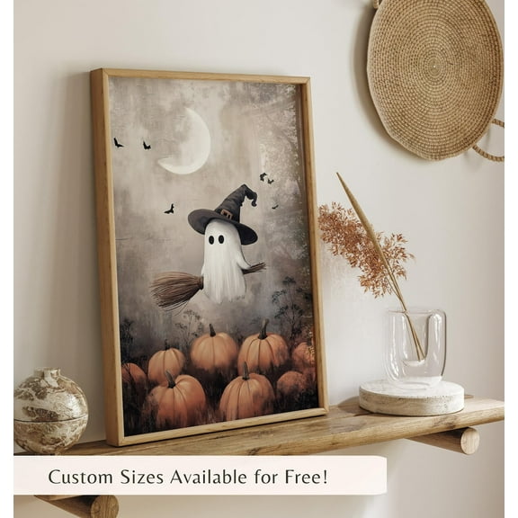 Ghost with Broomstick Canvas Print Poster Cute Ghost Canvas Art Prints Painting Picture Artwork Home Bedroom Halloween Wall Decor No Frame