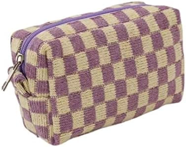 IMMEKEY Small Cosmetic Bag for Purse, Cute Velvet Checkered Makeup Bag,  Portable Travel Versatile Zipper Pouch For Women (Purple) 
