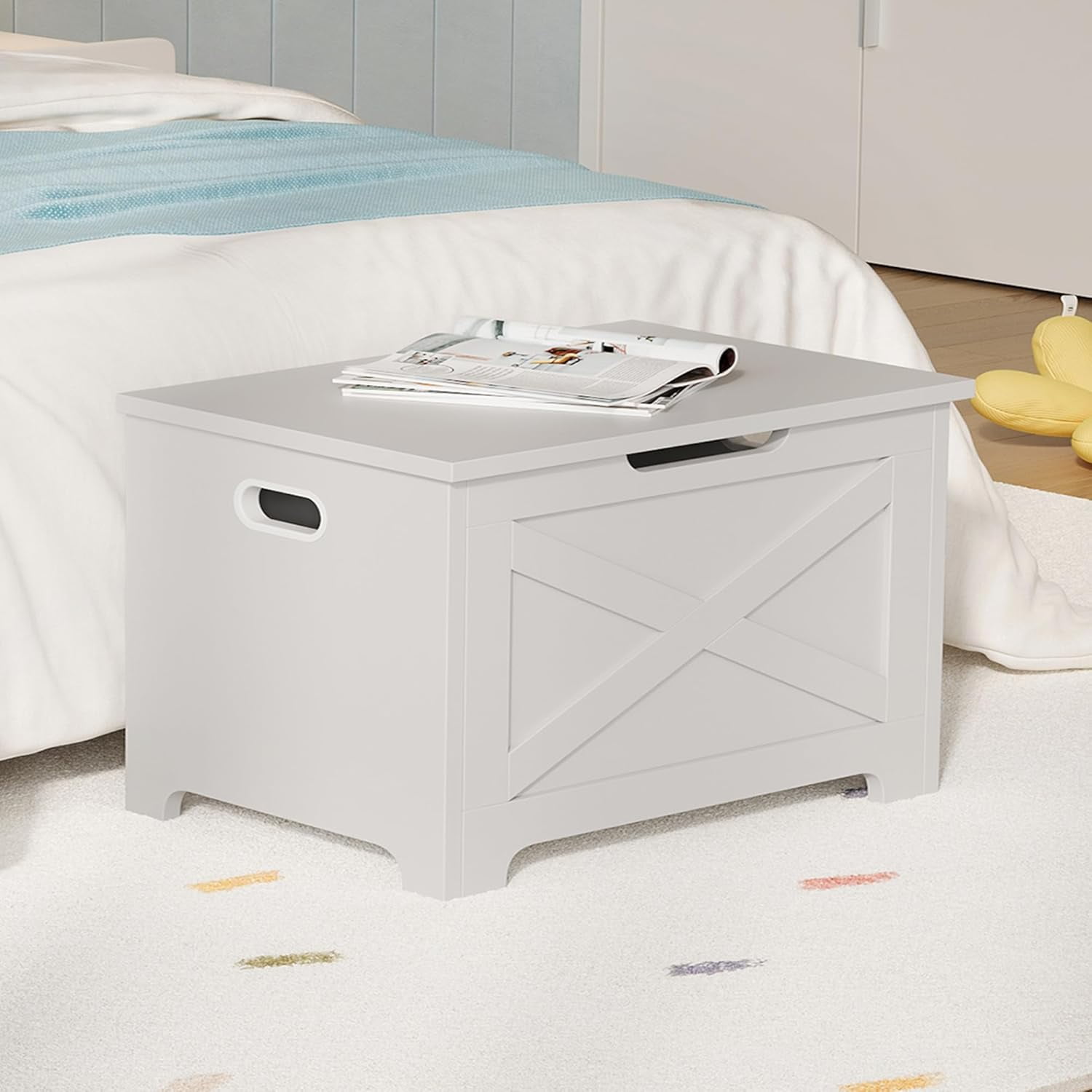23.6" Storage Chest, Wooden Storage Bench with Safety Hinge, Easy Assembly, Large Toy Chest for Entryway, Living Room, Bedroom