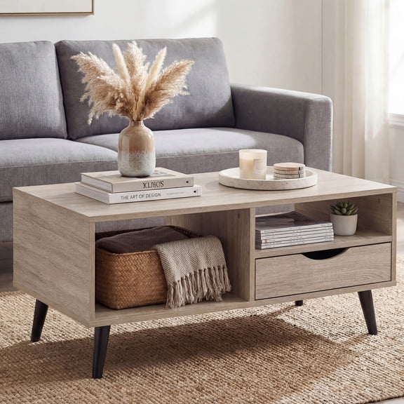 Costway Coffee Table with Storage, Rustic Rectangle Center Table with Drawer & Open Shelves Natural
