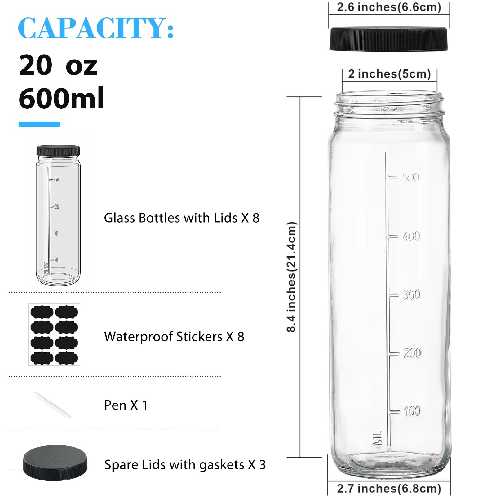 Syntic 20oz Glass Juice Bottles with Lids, Reusable Glass Drinking Bottles for Travel, Gym and Fridge (8 Pack)