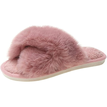 

PIKADINGNIS Womens Faux Fur Slippers Cross Band Warm Fuzzy Flip Flop House Slippers Open Toe Home Slippers for Girls