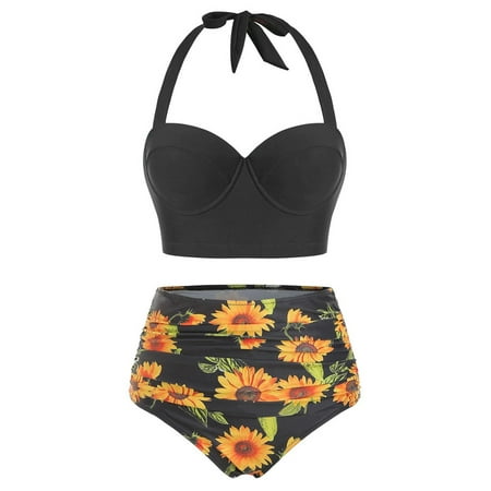 

Sports Bra And Shorts Crop High Print Tops+Shorts Swimwear Waist Two Floral Piece Halter Women Swimwears Tankinis Set Bikini Tops for Women Large Bust Sunflower