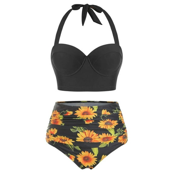 LYXSSBYX Bikinis for Women Plus Size Women Floral Print High Waist Crop Tops Shorts Two Piece Swimwear Halter