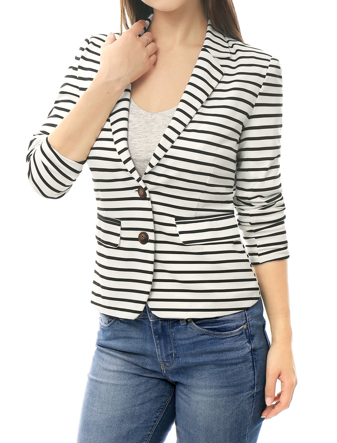 DARING DIVA Women's Striped Notched Lapel Button Closure Blazer XS White