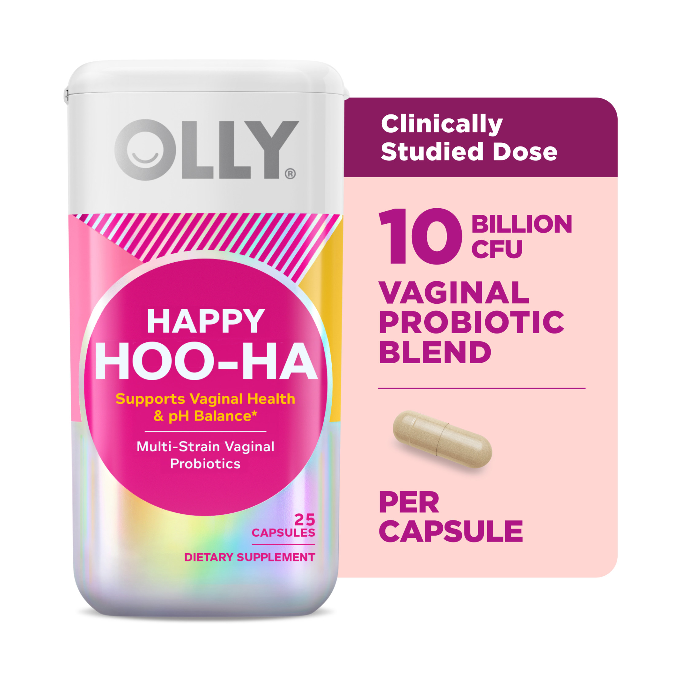 OLLY Happy Hoo-Ha Capsule Supplement, Probiotic, Women's Vaginal Health and pH, 25 Ct
