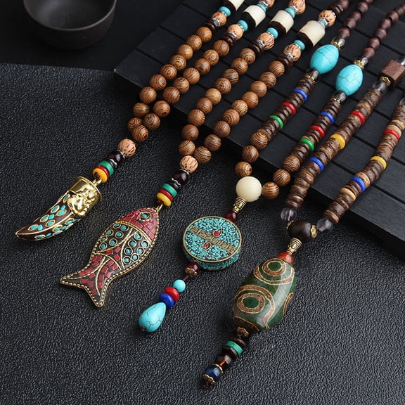 SmartBy Vintage Ethnic Style Pendant Necklace Wood Beaded Handmade Women Sweater Necklace Jewelry Gift Fashion Accessories