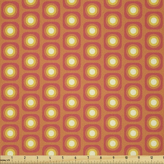 Ambesonne Vibrant Fabric by the Yard Microfiber, Colorful Squarcles, 10 Yards, Dark Coral Mustard