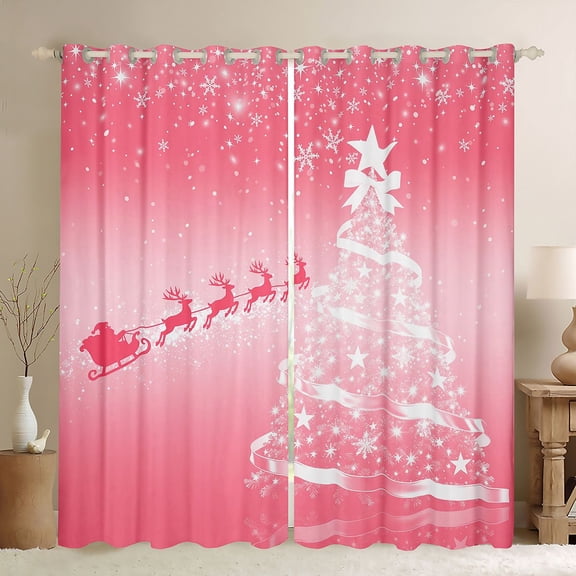 Feelyou Girly Pink Xmas Tree Black Out Curtains, Dreamy Christmas Stars Deer Curtains Pack of 2 (42x63 Each), Teens Kids Girls Women Bedroom Curtains, Curtains and Drapes Room Decor