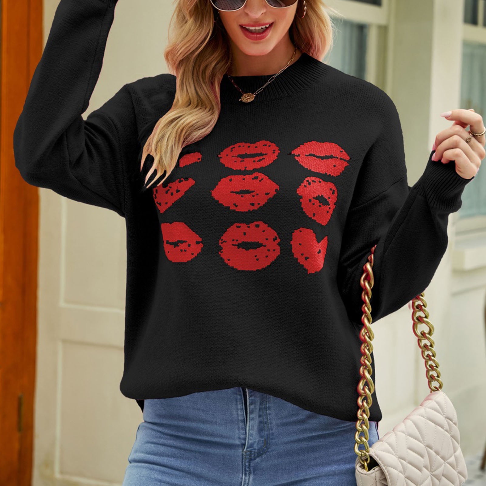 Red Lip Print Sweater Round Neck Long Sleeve Elastic Cuff Dropped Shoulder Women s Sweater for Winter Black S