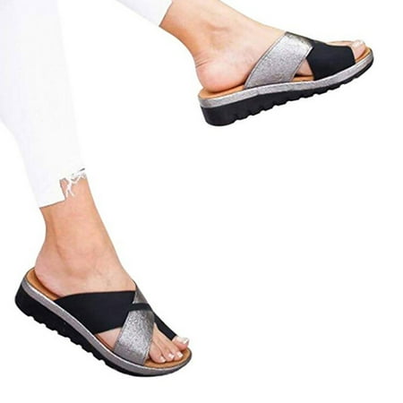 

LIANGP Ladies Slippers Women Sandals Ladies Wedge Summer Slippers Outside Solid Color Leather Female Slides Fashion Womenman Sandals Women s Shoes Black Size 7.5