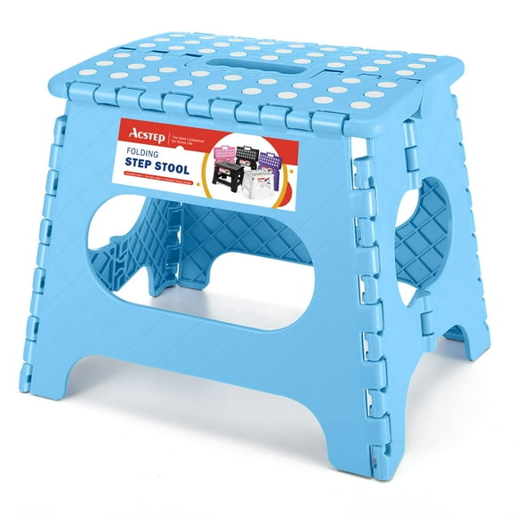 ACSTEP Taburete plegable para adultos de 11 alturas, taburete de plástico ligero, taburete plegable con capacidad para hasta 300 libras, taburete plegable antideslizante, color azul