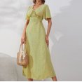 thumbnail image 1 of Lenago Robes d'Été Grande Taille pour Femmes 2023 Invité de Mariage Robe à Col pour Femmes Manches Courtes Florale Bouton Jupe Longue en Chiffon Fête Plage Robes en Liquidation, 1 of 6