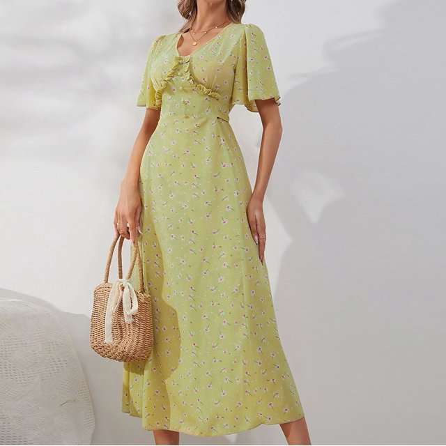 Lenago Robes d'Été Grande Taille pour Femmes 2023 Invité de Mariage Robe à Col pour Femmes Manches Courtes Florale Bouton Jupe Longue en Chiffon Fête Plage Robes en Liquidation