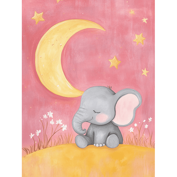 Cute Elephant and Moon Canvas Art Print， Perfect for Bedroom， Nursery， Living Room， Girl's Room， and Playroom Decoration.