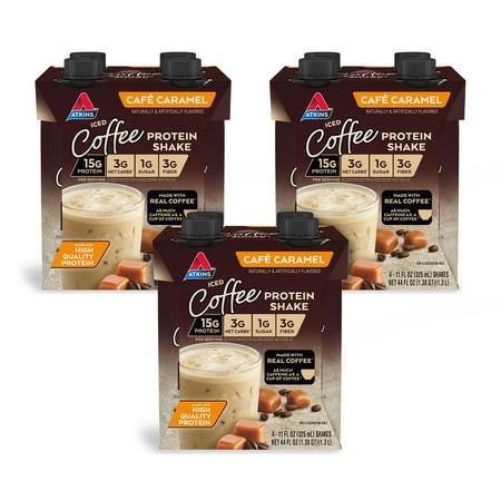 Atkins Café Caramel Iced Coffee Protein Shake, High Protein, Low Glycemic, Gluten Free, 3/4 Packs