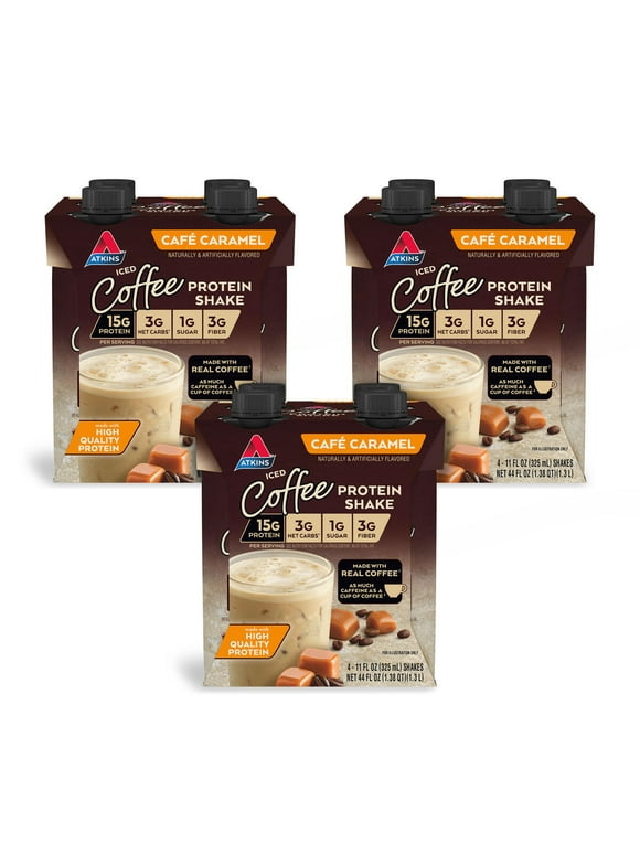Atkins Caf Caramel Iced Coffee Protein Shake, High Protein, Low Glycemic, Low Carb, Low Sugar, Keto Friendly, 3/4 Packs