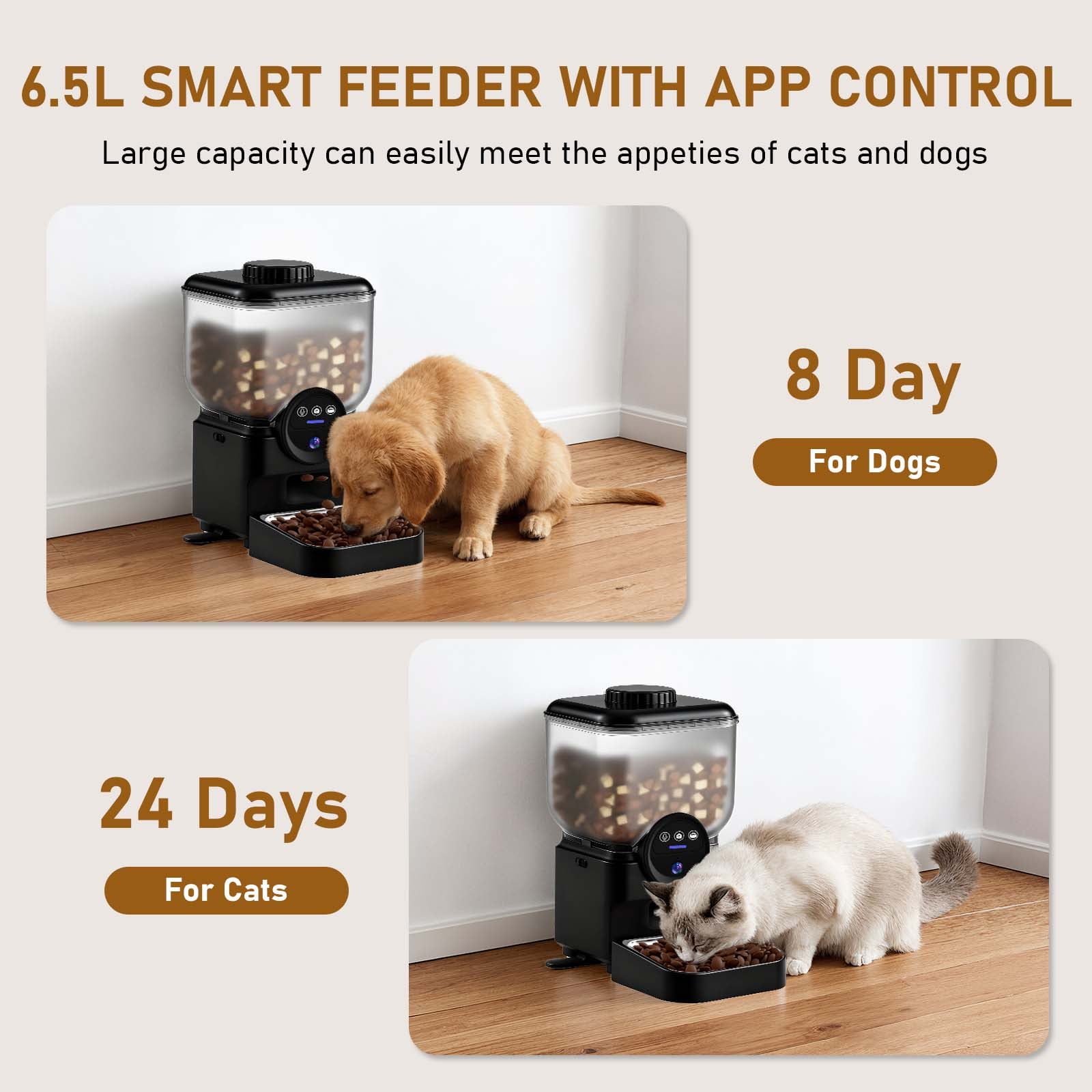 Eurhowing Smart WiFi Pet Feeder with 1080P HD Camera, 6.5L Automatic Cat Feeder Dog Food Dispenser with Night Vision & 2-Way Audio, App Control, Timer, Dual Power, Black