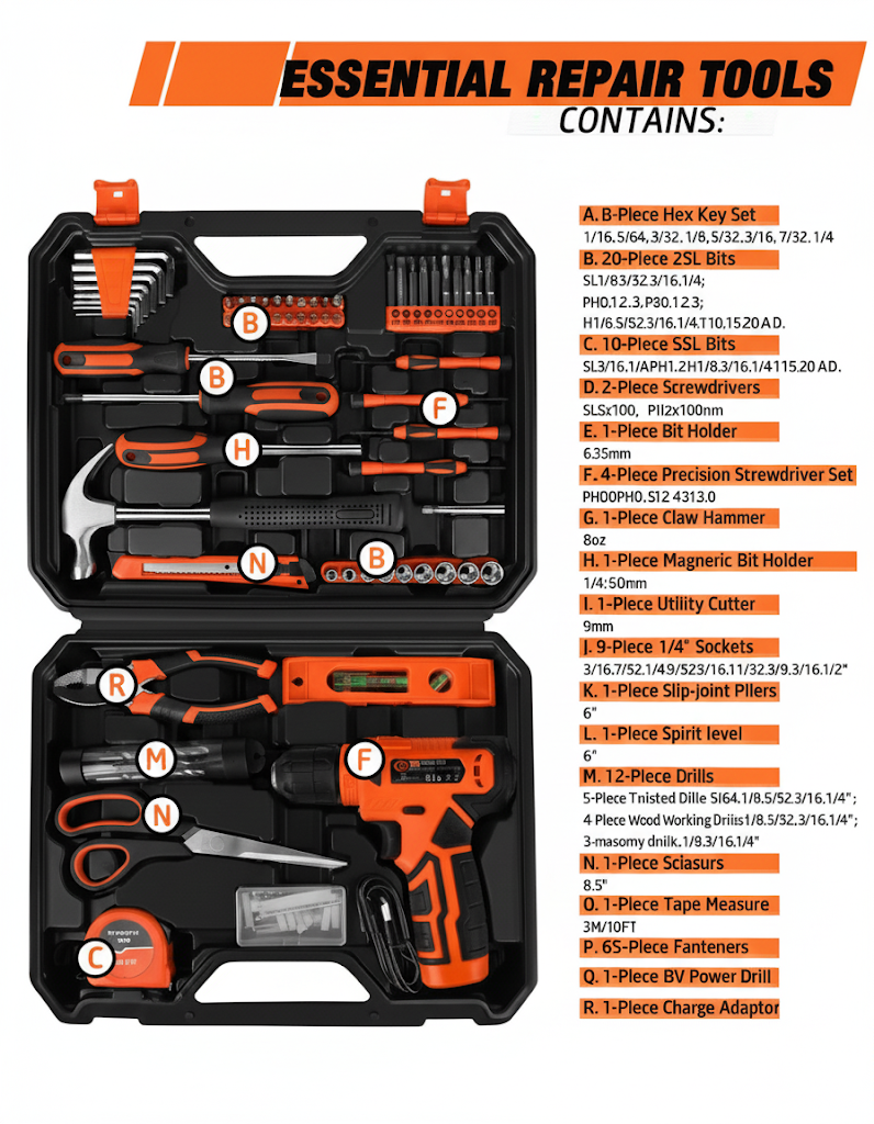TOPHDY 139-Piece Home Repair Tool Kit with 8V Cordless Drill photo 7