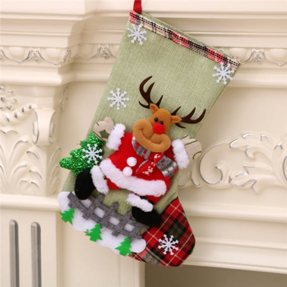 Christmas Stockings, Big Xmas Stockings Decoration, 3D Plush Socks Gift Bags for Kids Decor Home Ornament Holiday Party Supplies, Burlap Style with Deer